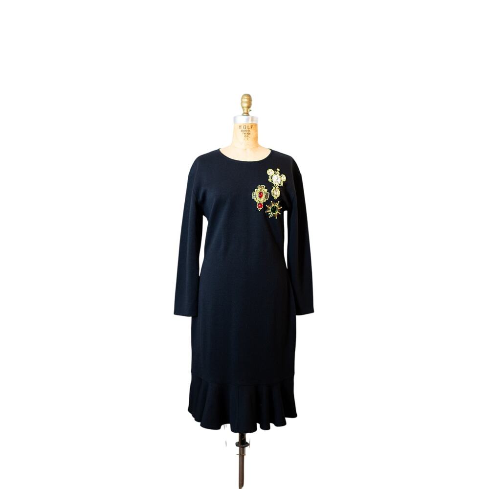 Vintage 90s Black Wool Wiggle Dress, Bodycon Beaded Jeweled Long Sleeve SM Sz 6